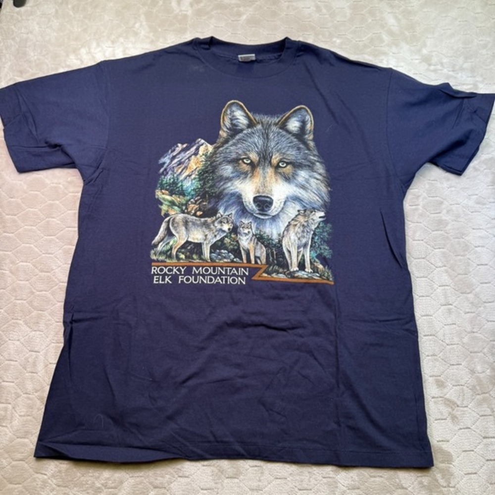 VTG Rocky Mountain Elk‎ Foundation Wolf Shirt Sz XXL Blue Anvil 90s See Pics